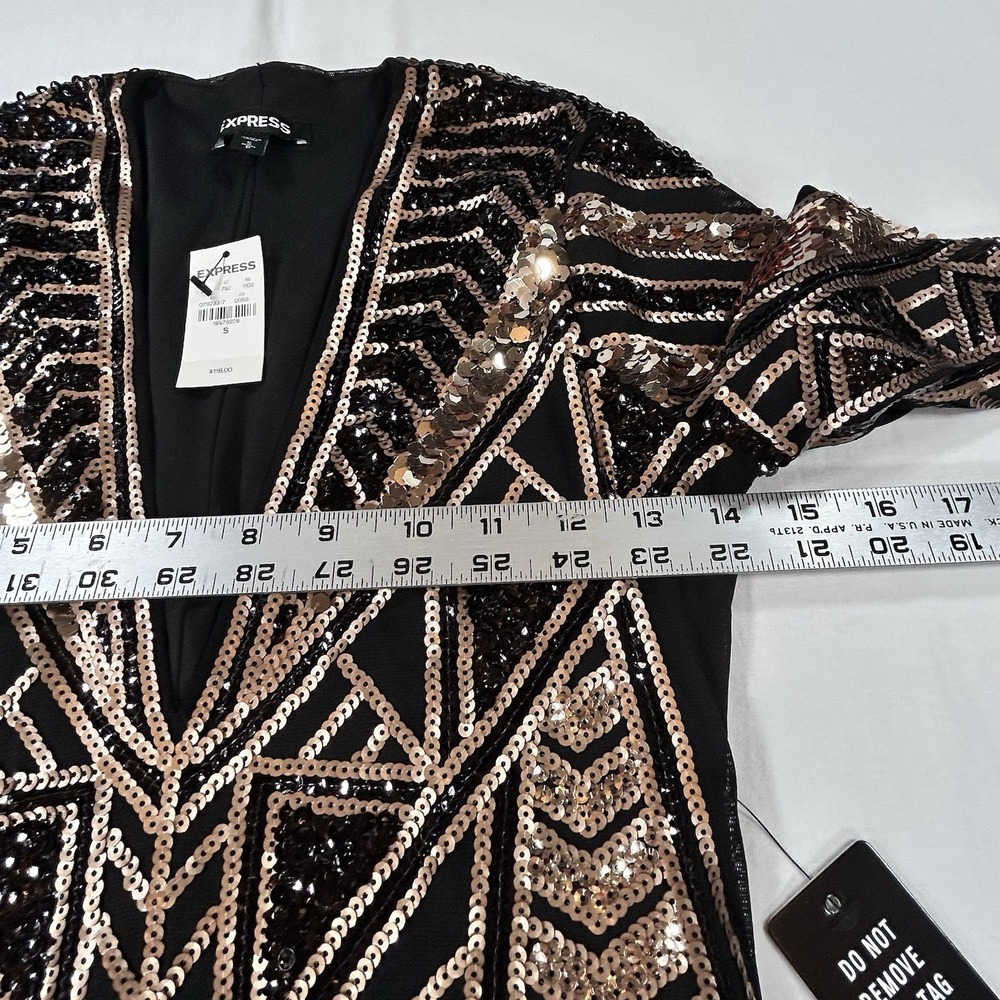 NEW EXPRESS Black Gold Sequin Geometric Bodycon Dress S Glam Holiday Party $118 - Picture 10 of 16